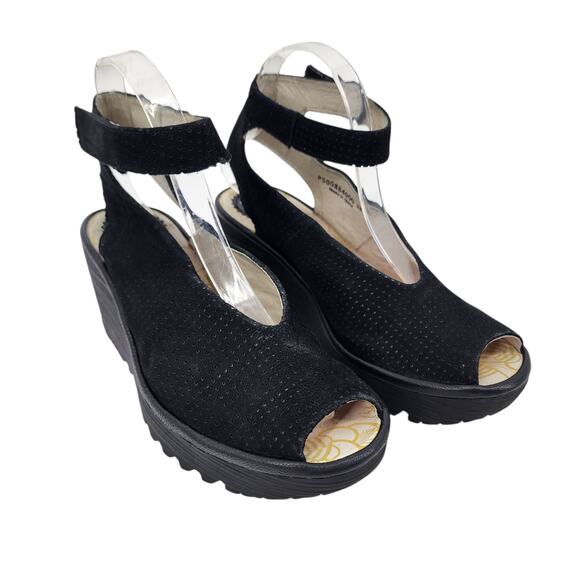 Fly London Black Yala376Fly Perf Peep Toe Perforated Wedge Sandals Size 38 Wide - Picture 1 of 6